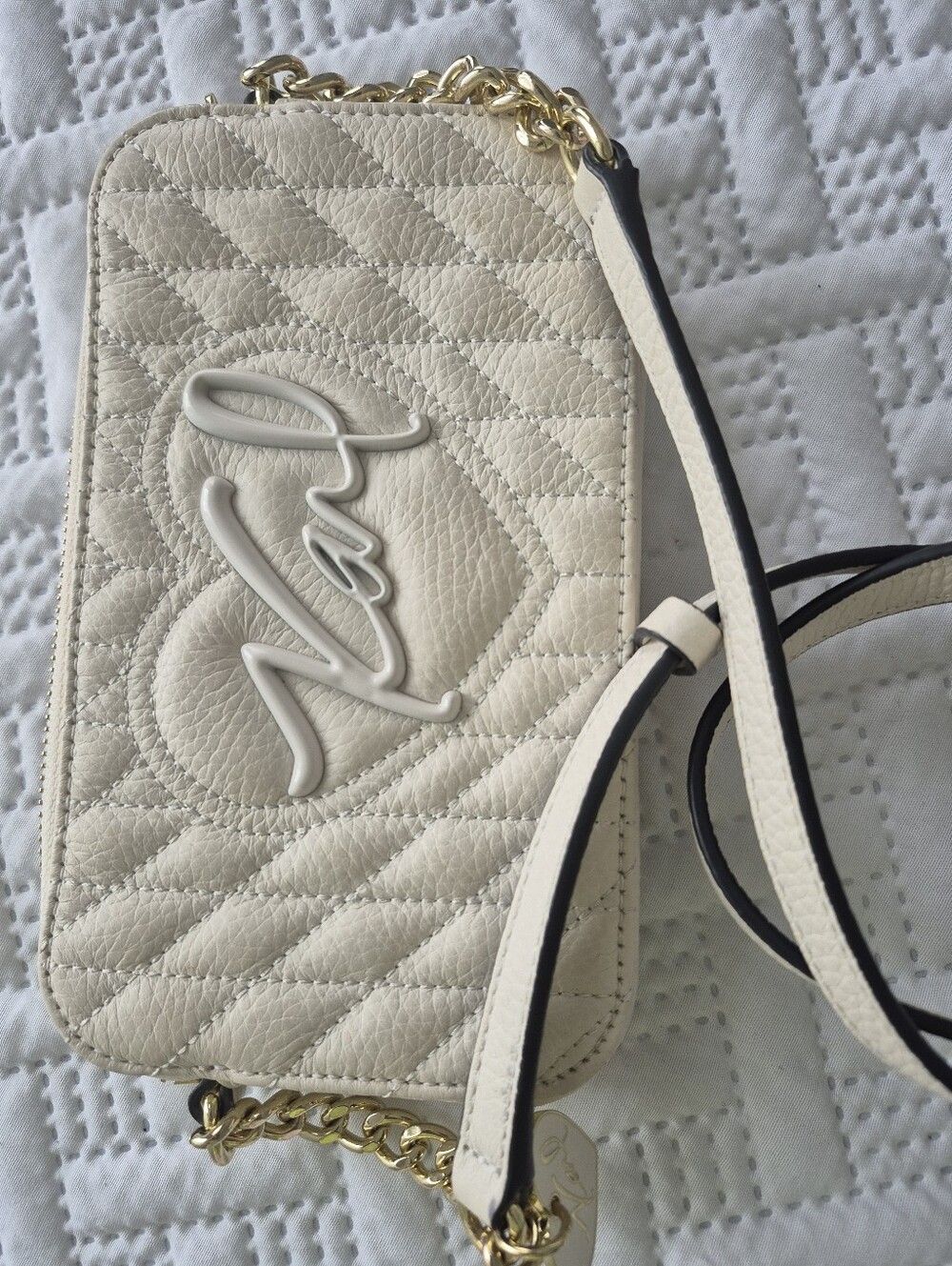 Karl Lagerfeld Cream Quilted Crossbody with Gold Chain